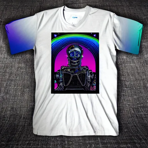 Image similar to mockup of a black tshirt with a hyperdetailed portrait of a spaced out steam punk robot, 8 k, symetrical, flourescent colors, multicolored,