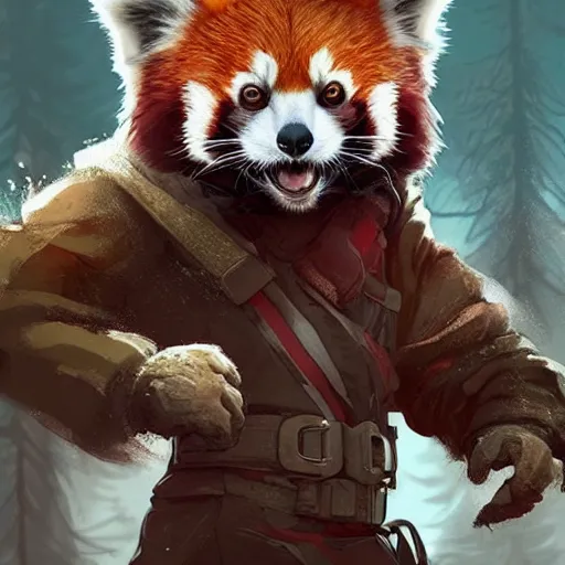 Prompt: red panda in white coat as apex legends character, digital illustration portrait design, by android jones and greg rutkowski, retrowave color scheme, detailed, cinematic lighting, wide angle action dynamic portrait