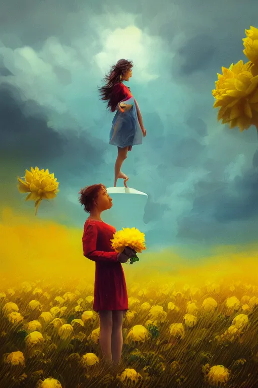 Image similar to closeup girl with huge yellow dahlia flower face, intricate, standing on mountain, surreal photography, blue storm clouds, dramatic light, impressionist painting, digital painting, artstation, simon stalenhag