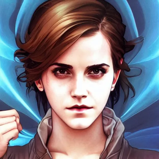 Image similar to emma watson perfect coloring, low saturation, epic composition, masterpiece, bold complimentary colors. stunning masterfully illustrated by artgerm, range murata, alphonse mucha, katsuhiro otomo
