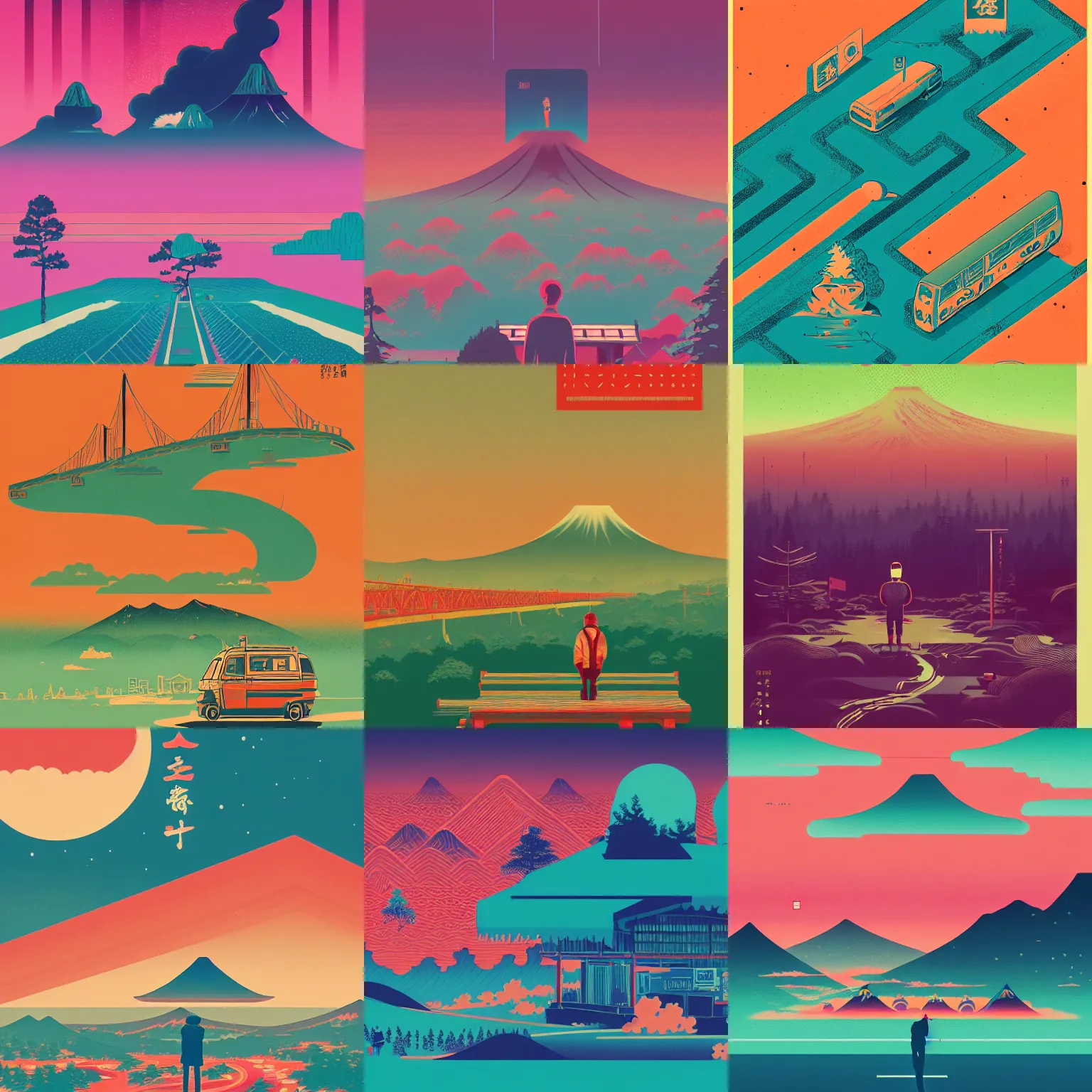 Prompt: beautiful illustration of layout of poster, japanese style, album art, risograph, typography, logo, landscape, simon stalenhag, influenced by retro and vintage, artstation, 8 k