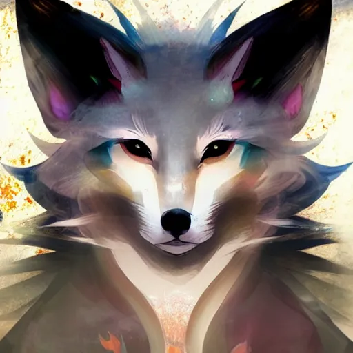 Prompt: a painted avatar portrait of a kitsune fox mage, in the style of dnd beyond avatar portraits, beautiful, artistic, elegant, lens flare, magical, lens flare, nature, realism, stylized