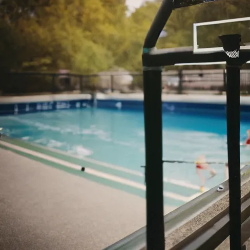 Image similar to film photo of a pool railing next to a basketball net and a retro car