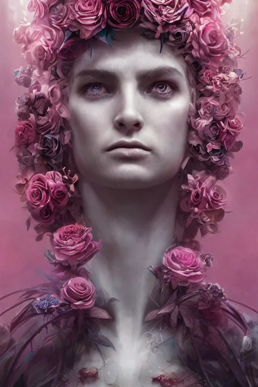 Image similar to cyborg floral highly detailed digital art SURREALIST, pink rose divine woman divine space explorer , nekro art WLOOP ROSDRAWS Tom Bagshaw, Craig Mullins, cinematic lighting, symmetrical face, beautiful woman moody lighting, volumetric, ultra-realistic, cinematic atmosphere, Epic, photorealism presented in artstation hyperrealism, award winning artwork, artstation trend, high quality print, fine art with subtle redshift rendering