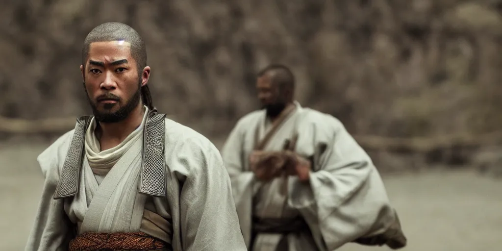 Image similar to a film still of a light skinned black man starring as an ancient samurai in a japanese blockbuster film, shallow depth of field, cinematic, award winning cgi, vfx, film still