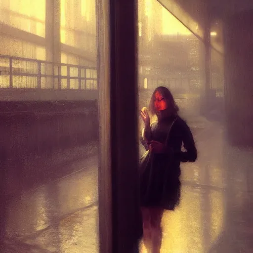 Image similar to detailed portrait of a woman, moment, cyberpunk cloisters, electronic billboards, tech noir, wet reflections, atmospheric, ambient, livia prima, greg rutkowski, edward hopper