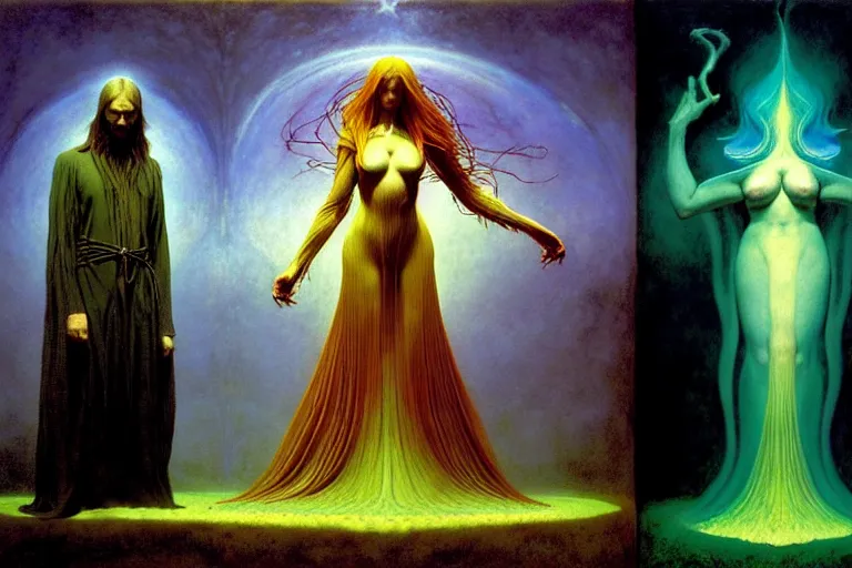 Image similar to the female arcanist and the male artificer by zacharias aagaard and albert bierstadt and brom and zdzisław beksinski and william blake and wayne barlowe and jean delville, beautiful, flowing magical robe, highly detailed, hyperrealistic, intricate, energy, electricity, blue flame, low light, green crystal, high contrast, submission