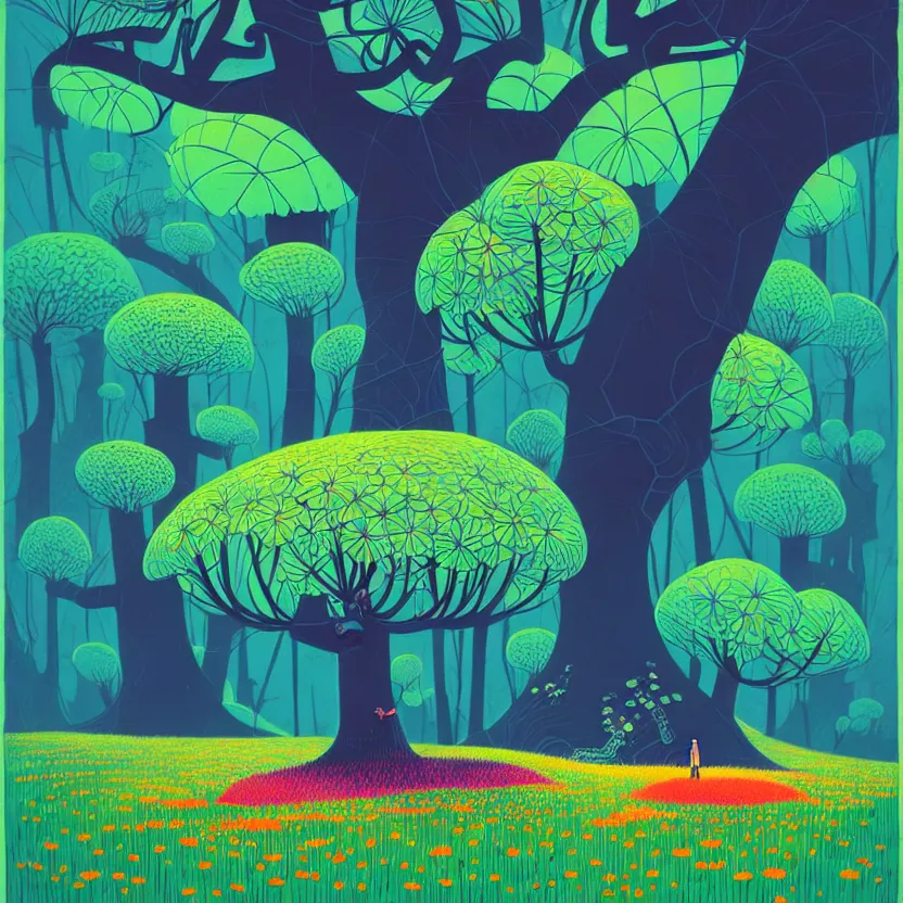 Prompt: ( ( ( ( ( gediminas pranckevicius ) ) ) ) ), stillness under bo tree in a jungle wild flower garden summer morning, very coherent and colorful high contrast art by james gilleard floralpunk screen printing woodblock, dark shadows, pastel color, hard lighting