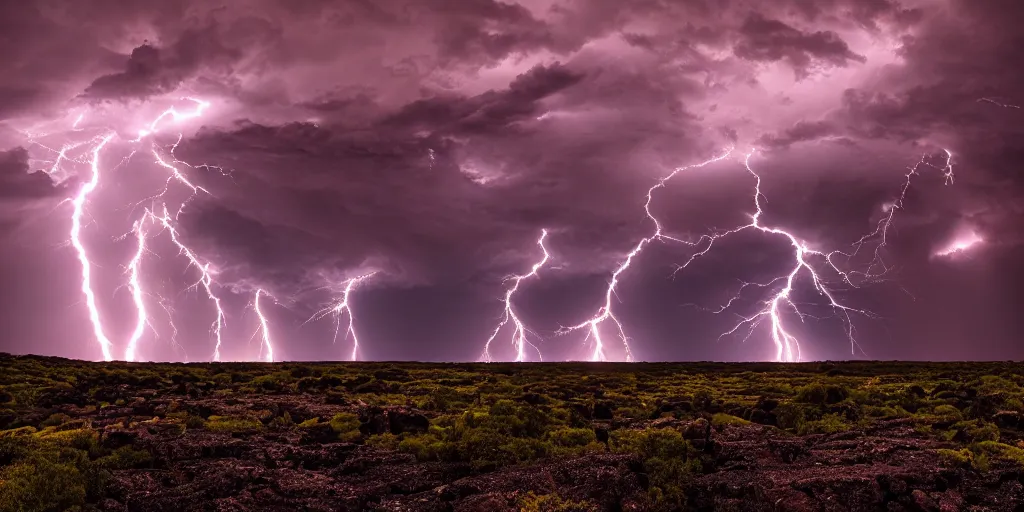 Image similar to Thunderstorm with lightning made out of lava, cinematic lighting, wide angle landscape photography, hyperrealistic, 8k