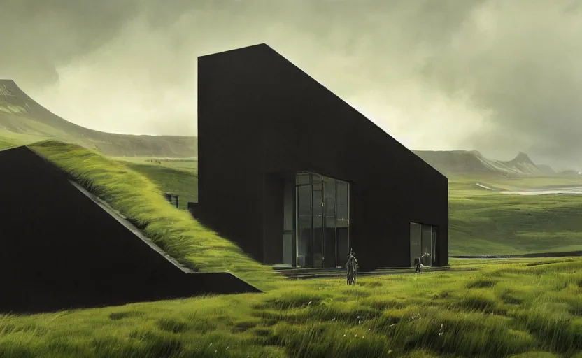 Prompt: An Exterior wide angle shot painting of a modern black architecture in the middle of a green icelandic valley, Greg Rutkowski and Craig Mullins, Cinematic and atmospheric lighting