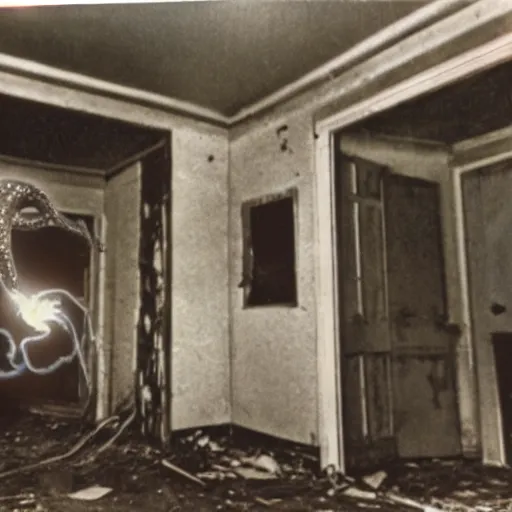 Prompt: 1 9 8 3, found footage, flash, old abandoned house, creepy mutant flesh creature, tentacles, glowing eyes, flesh blob