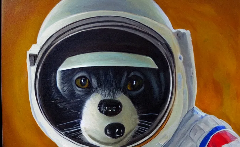 Image similar to oil painting of a racoon in a astronaut suit with helmet, 35mm, photo, Epic, cinematic