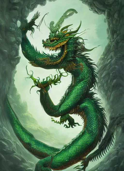 Image similar to a beautiful full - body green chinese dragon, wisdom, magical render in maya by peter mohrbacher and kentaro miura, artstation, 8 k ivan laliashvili, james gurney poster style