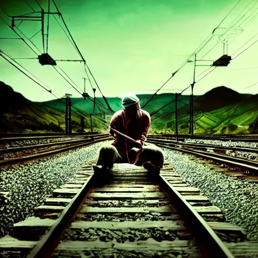 Image similar to justin sun bound in rope laying on train tracks,, beautiful cinematic lighting, epic composition, approaching train