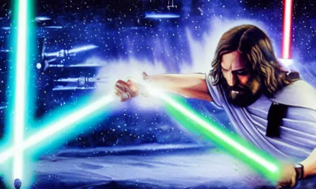 Image similar to full shot photograph of super jesus christ fighting in star wars, using a cross - shaped gold lightsaber, photorealistic, cinematic lighting, extremely detailed, star wars