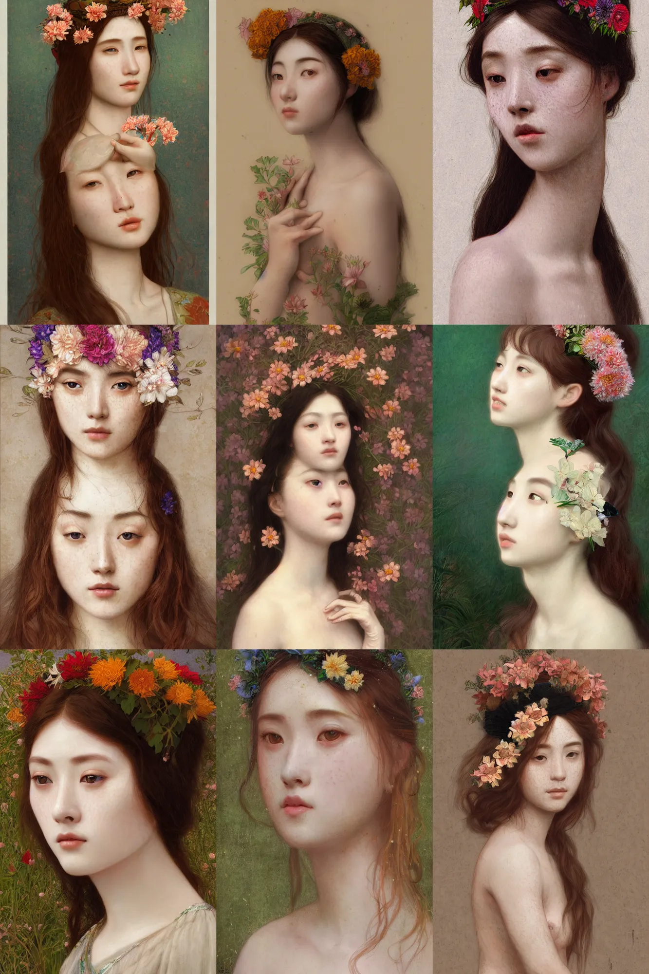Prompt: Pre-raphaelite painting of a beautiful asian girl with freckles, wearing a flower headpiece, porcelain skin, cinematic lighting, photo realistic, highly detailed, maya, digital painting, artstation, concept art, sharp focus, illustration, by Mucha