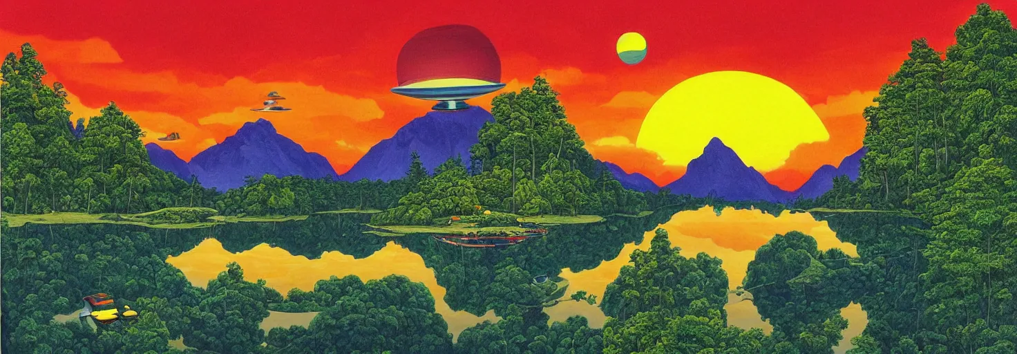Image similar to escher painting of a lake, big trees reflecting on lake surface, mountains at background, an ufo in the air, fluffy clouds, sunset, yellow, green, red, snowy, ultra sharp, ultra detailed, happy, uplifting, colorized by salvador