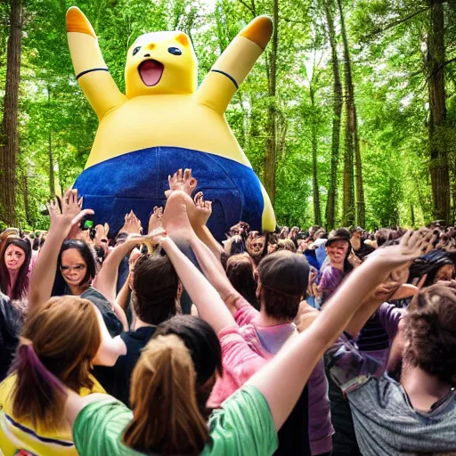 Image similar to photograph of a group of people worshipping a giant pikachu in a forest