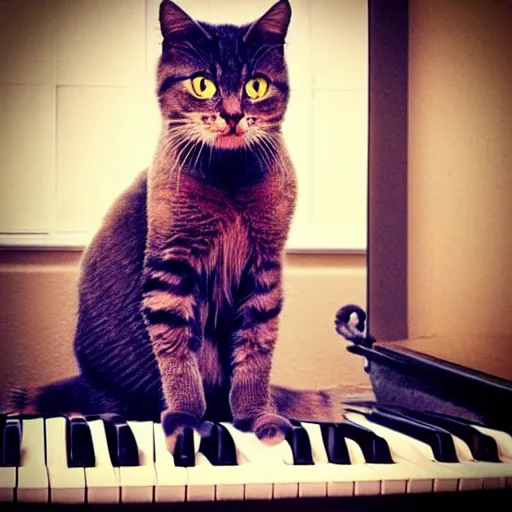 Image similar to “ cat sitting on piano, professional photography ”