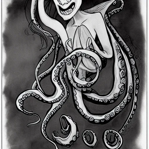 Prompt: a cartoon character of a human - octopus, character - portrait, ursula the sea witch, grotesque, creepypasta, by glen keane, disney