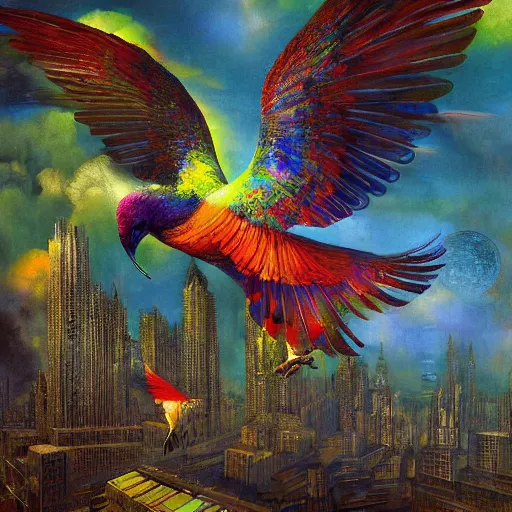 Image similar to iridescent colorful digital birds fly over a progressively rasterized city into virtuality, oil on canvas by dave mckean and ivan shishkin