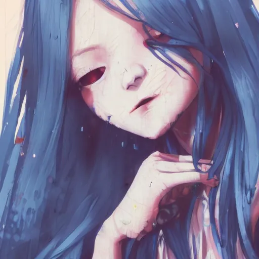 Image similar to urban school zombie girl in tattered clothes fanart, dark blue long hair, muted colors, matte print, pastel colors, ornate, digital art, cute smile, digital painting, fan art, elegant, pixiv, by Ilya Kuvshinov, by Studio Ghibli