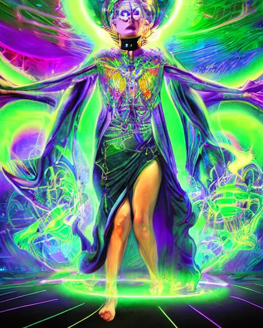 Image similar to a powerful energy psychedelic matrix priestess, by alexander fedosav, hyper detailed digital matte painting, concept art, hyperrealism, 1 6 k resolution, cinema 4 d, 8 k resolution, trending on artstation, behance hd, a masterpiece, by stephan martiniere, particles, cel - shaded, power bright neon energy, by david a. hardy,