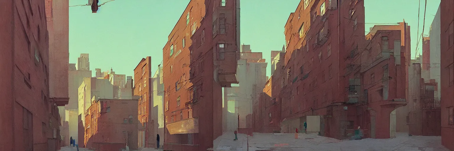 Image similar to city alley by Edward Hopper and James Gilleard, Zdzislaw Beksinski, highly detailed, cool color palette