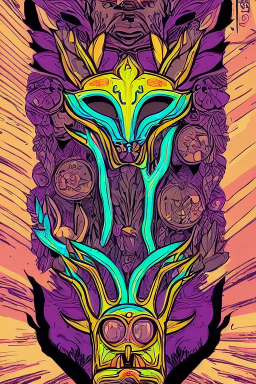 Image similar to animal mask totem roots flower tribal feather gemstone plant wood rock shaman vodoo video game vector cutout illustration vivid multicolor borderlands comics by josan gonzales and dan mumford radiating a glowing aura