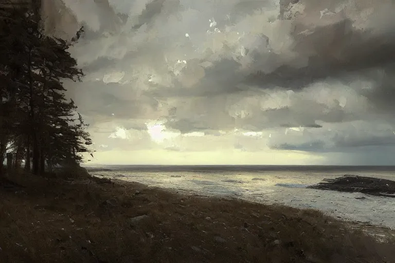 Prompt: painting of estonian coastal landscape, by jeremy mann and greg rutkowski, dramatic, cinematic light, oil on canvas