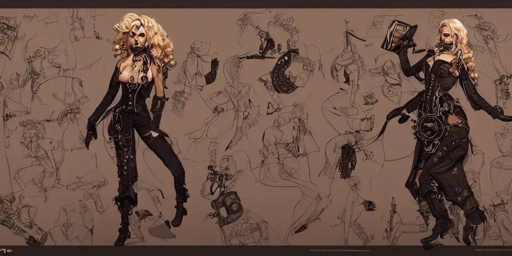 Image similar to steampunk britney spears, character sheet, concept design, contrast, kim jung gi, greg rutkowski, zabrocki, karlkka, jayison devadas, trending on artstation, 8 k, ultra wide angle, pincushion lens effect