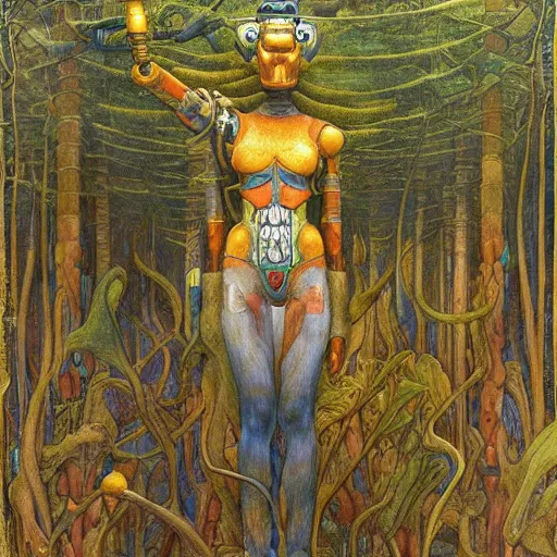 Image similar to robot seizes the forest crown, by Annie Swynnerton and Diego Rivera and Elihu Vedder, symbolist, dramatic lighting, elaborate geometric ornament, tattoos, Art Brut, soft cool colors,smooth, sharp focus, extremely detailed, Adolf Wölfli and Donato Giancola