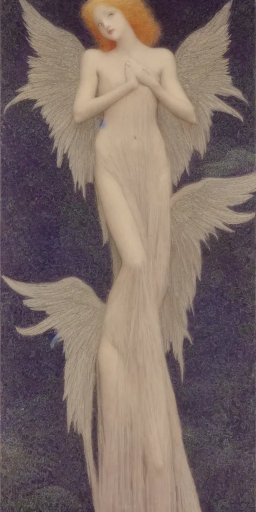 Image similar to Say who is this with silver hair so Wan and thin? Adorable feminine angel in the style of Jean Delville, Lucien Lévy-Dhurmer, Fernand Keller, Fernand Khnopff, oil on canvas, 1921, 4K resolution, aesthetic, mystery