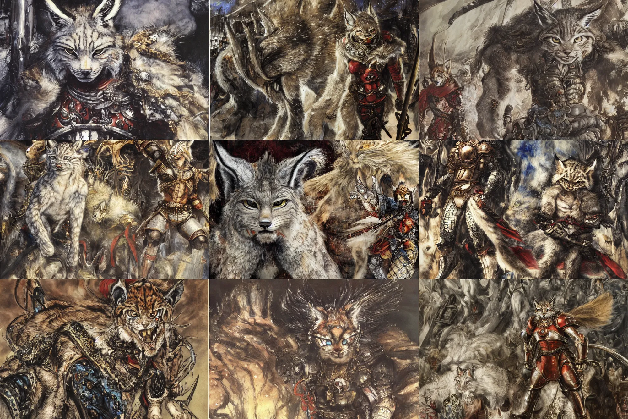Prompt: 8k Yoshitaka Amano painting of upper body of a young cool looking lynx beast-man with white mane at a medieval market at windy day. Depth of field. He is wearing complex fantasy armors. He has huge paws. Renaissance style lighting.