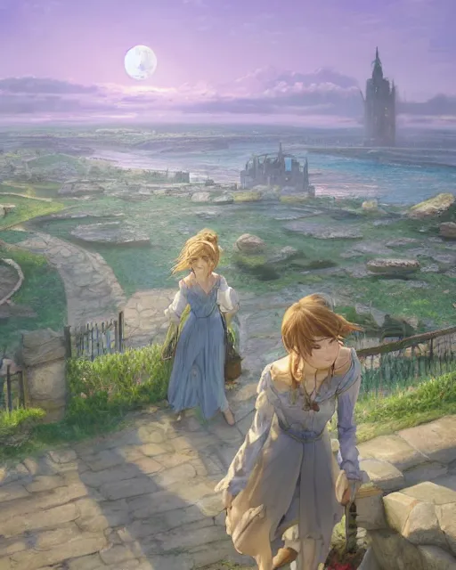 Image similar to over the shoulder landscape painting of violet evergarden, behind her is a distant old european city leiden from violet evergarden next to the reflecting ocean, ocean, sunset, by Philipp A. Urlich and Pengzhen Zhang and Andreas Rocha, fantasy, intricate, elegant, highly detailed, digital painting, artstation, blender, unreal engine 5, octane render, smooth, sharp focus, illustration