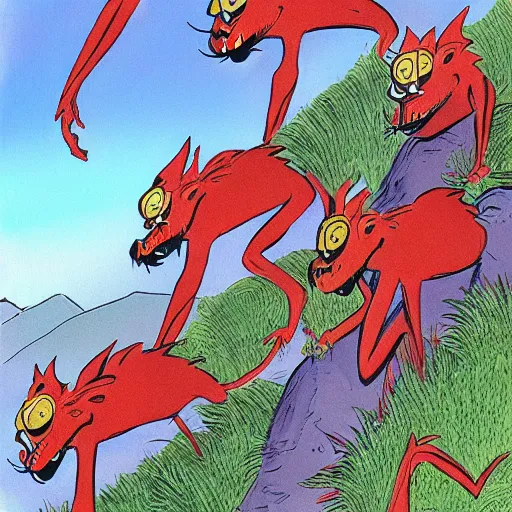 Prompt: Professional art, a stunning illustration of red goblins on a mountainside illustrated by Dr Suess