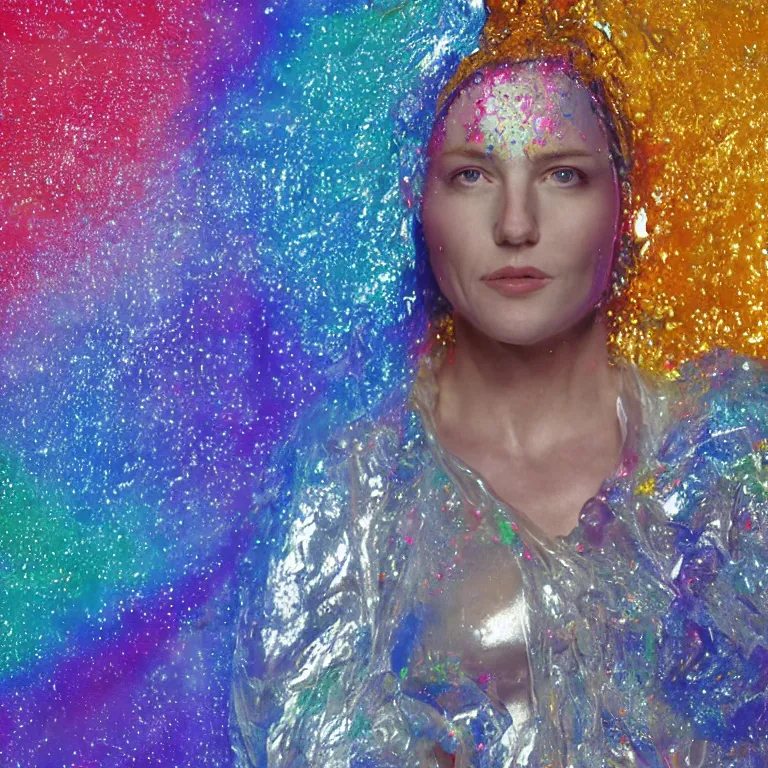 Image similar to octane render portrait by wayne barlow and carlo crivelli and glenn fabry, a woman wearing a clear plastic suit full of colorful thick fluid full of glitter, standing in front of a giant sheet of tie - dye aluminum foil, cinema 4 d, ray traced lighting, very short depth of field, bokeh