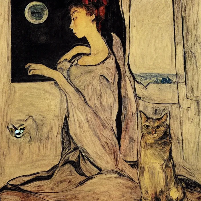 Image similar to close portrait of woman in night gown with cat, with city with gothic cathedral seen from a window frame with curtains. thunderstorm. caravaggio, egon schiele, bonnard, henri de toulouse - lautrec, utamaro, monet