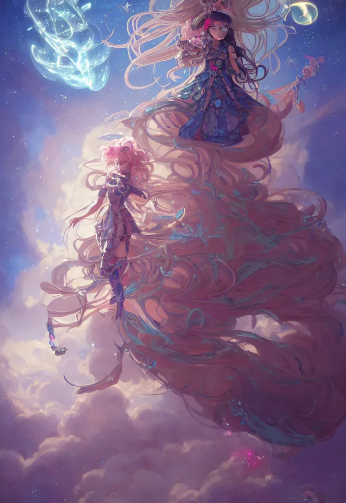 Image similar to full body picture of an maximalist dress magical girl, neat hair with bangs, smug face, extremely beautiful and aesthetic and detailed cute face and eyes, wipe out evils with cute astronaut familiar sprites, aming the magical beams to the camera, chiaroscuro, intricate, masterpiece, epic fantasy illustrations by peter mohrbacher and anato finnstark and jeremy lipking