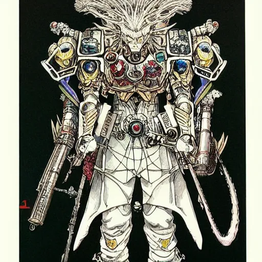 Image similar to prompt: portrait drawn by Katsuhiro Otomo, inspired by Warhammer characters, magical and alchemical objects on the side, soft light, white background, intricate detail, intricate ink painting detail, sharp high detail, manga and anime 2000