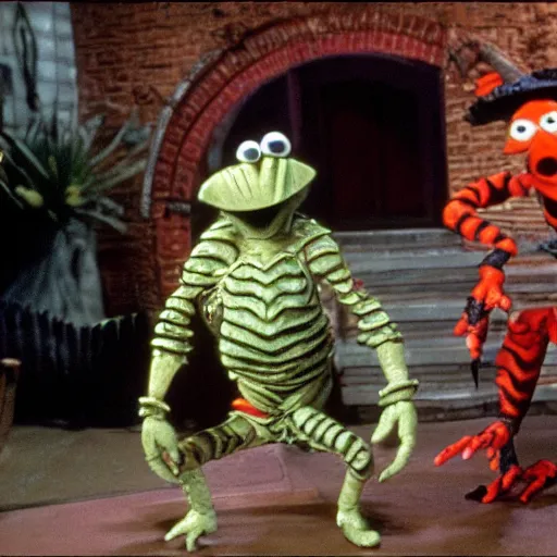 Prompt: small soldiers beetlejuice, sesame street 1 9 7 8