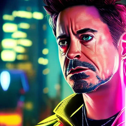 Image similar to robert downey jr portrait, Cyberpunk 2077, cyberpsycho, photorealistic, ultra detailed, neon, octane, bokeh, cyber, cyberpunk city, feature, scars, cyberface, 8k