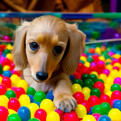 Image similar to long haired blonde miniature dachshund in a ball pit