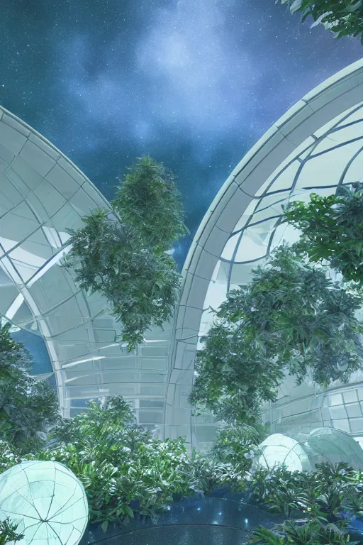 Prompt: botanical garden spaceship in space, calm, tranquil, faded effect, detailed, vaporwave colors, render by substance designer,