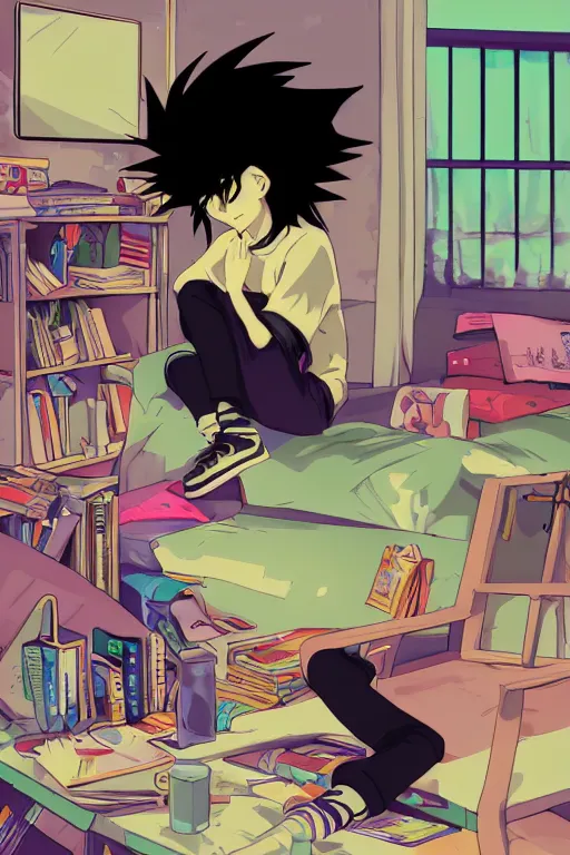 Image similar to anime goth guy sitting on the floor of a cluttered 9 0 s bedroom reading a book, vaporwave colors, lo - fi, concept art, smooth, detailed, toon shading, cel shading, animation, 4 k, hd,