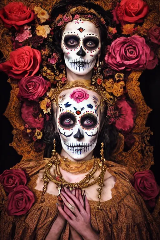 Image similar to 1 9 0 0's virgin mary dia de muertos dress and make up, horrific beautiful vibe, evocative, atmospheric lighting, painted, intricate, highly detailed, leesha hannigan, wayne haag, reyna rochin, ignacio fernandez rios, mark ryden, iris van herpen, stunning, gorgeous, sharp focus, cinematic, masterpiece