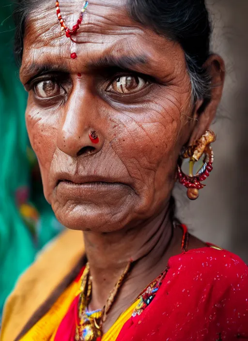 Prompt: portrait Mid-shot of an Indian woman, candid street portrait in the style of Martin Schoeller award winning