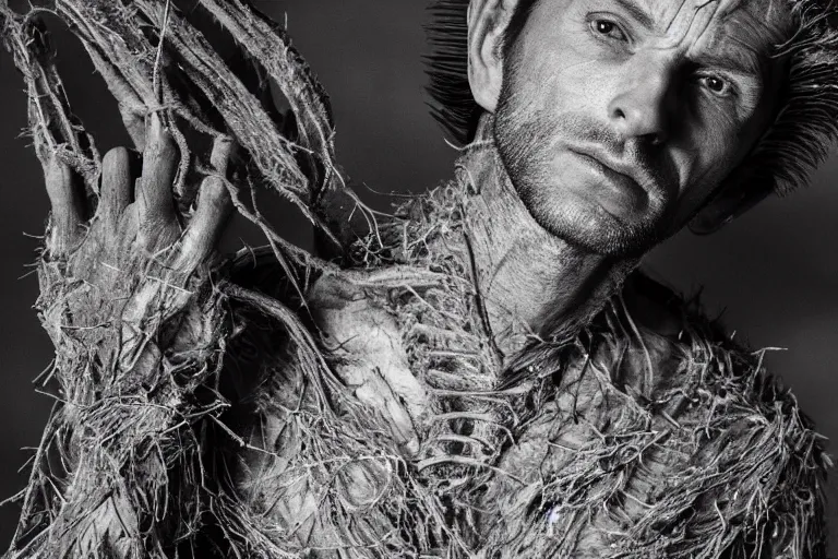 Prompt: portrait of Danny DeVity, wearing hay coat, with horns, visible muscles and veins and arteries and bones and spines and nerves, flowers growing out of his body, beautiful detailed intricate insanely detailed octane render, 8k artistic photography, photorealistic, chiaroscuro, by David Cronenberg, Raphael, Caravaggio