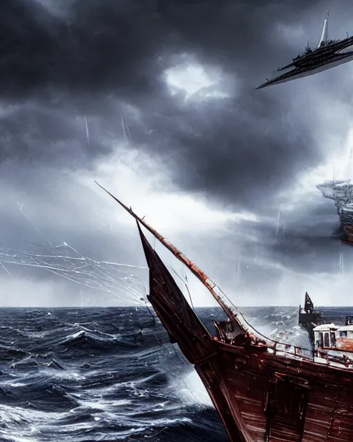 Image similar to establishing shot of a fishing boat on stormy seas, a gigantic star destroyer spaceship flying overhead | the star destroyer spaceship is emerging from storm clouds, stormy weather, dramatic lighting, unreal engine, hyper realism, realistic shading, cinematic composition, realistic render, octane render, detailed textures, photorealistic, ultrawide shot, 1 6 mm lens