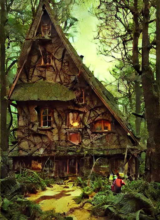 Image similar to hyper realistic homely witch cottage rococo in the woods gorgeous lighting, highly detailed, lush forest painting by norman rockwell, james gurney zdzisław beksinski and norman rockwell and greg rutkowskiweta studio